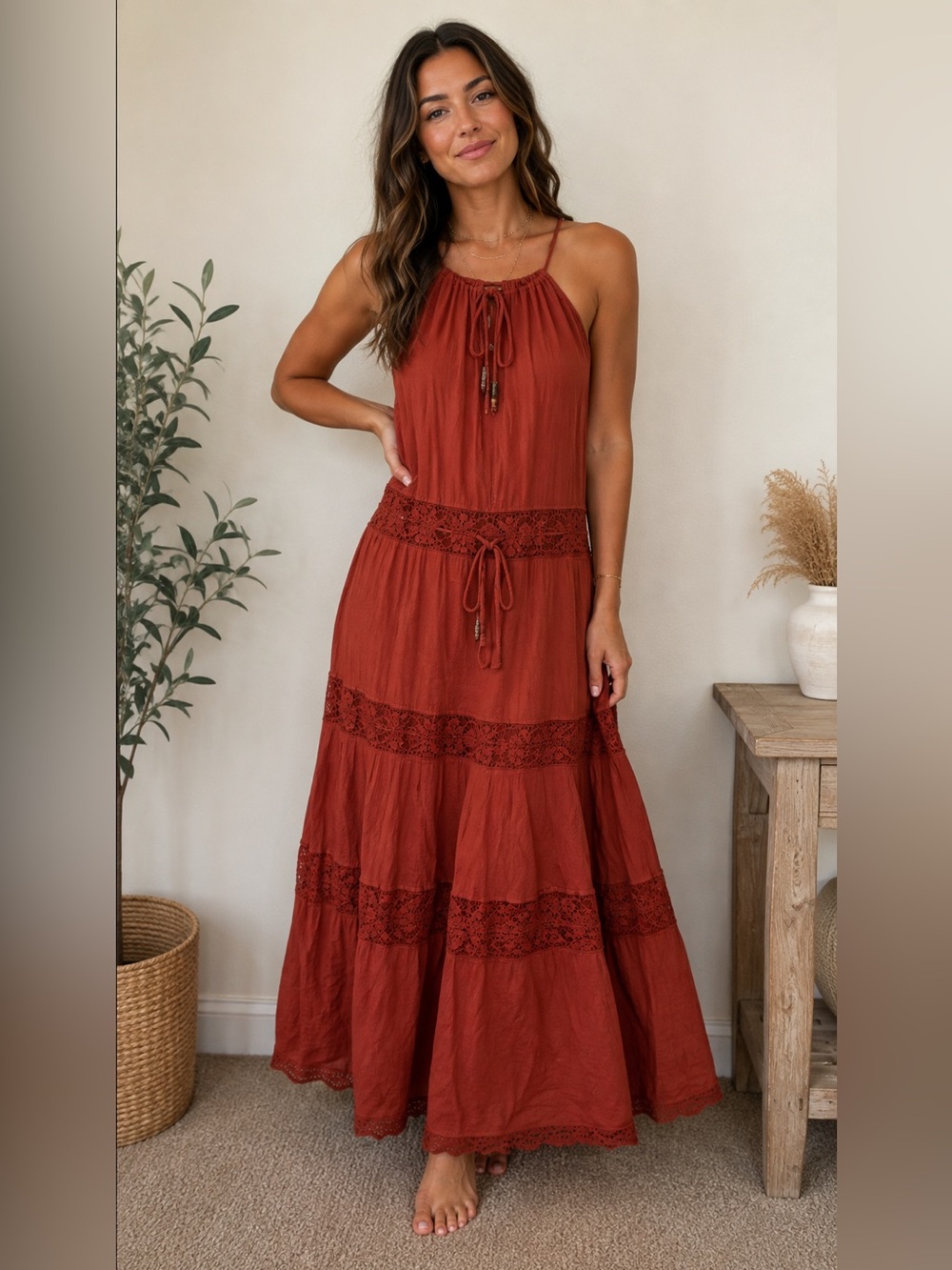 Michelle Jonas Rust Tiered Maxi Dress with Crochet Panels and open bodice